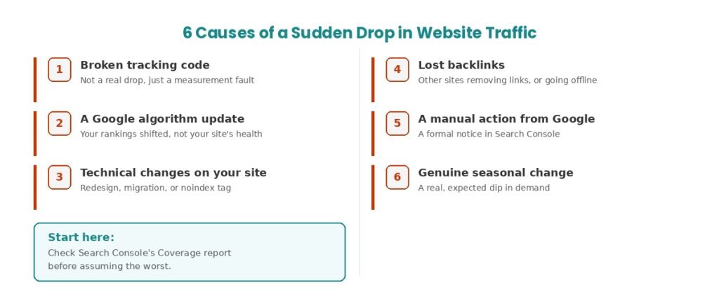 Six causes of a sudden drop in website traffic, shown as a simple checklist