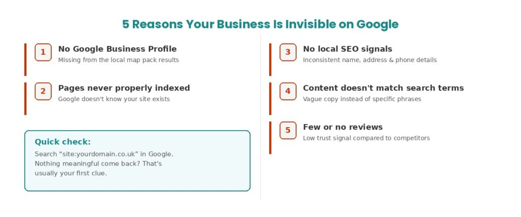 Five reasons a local business website is invisible on Google, shown as a simple checklist