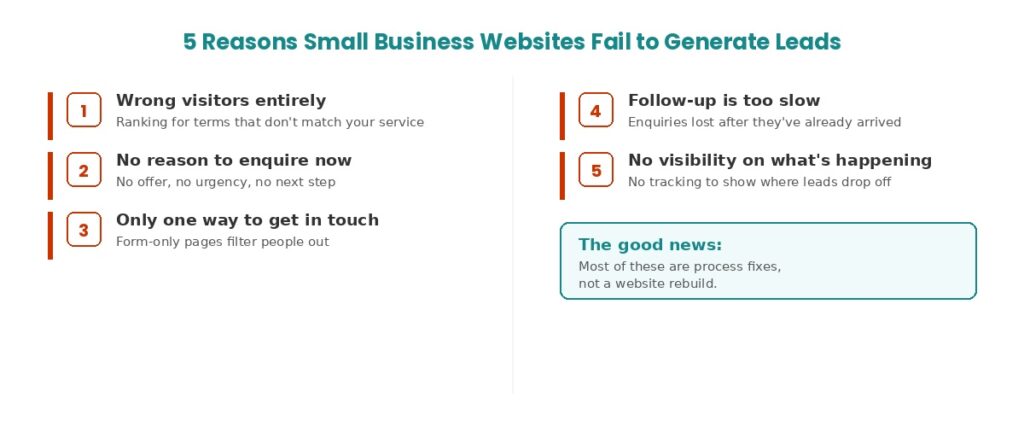 Five reasons a small business website fails to generate leads, shown as a simple checklist