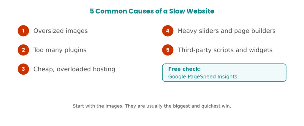 Five common causes of a slow website, shown as a simple checklist
