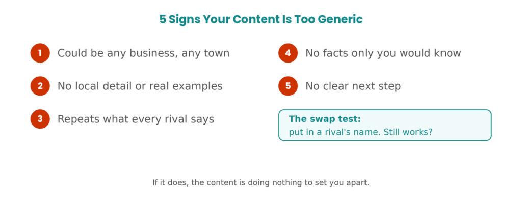 Five signs that website content is too generic, shown as a simple checklist